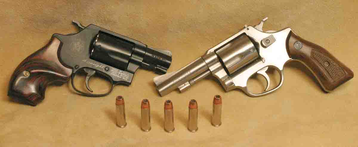 The .38 Special is still the most popular cartridge for small self-defense revolvers, like this S&W Airweight and 3-inch Rossi, usually featuring five-shot cylinders.